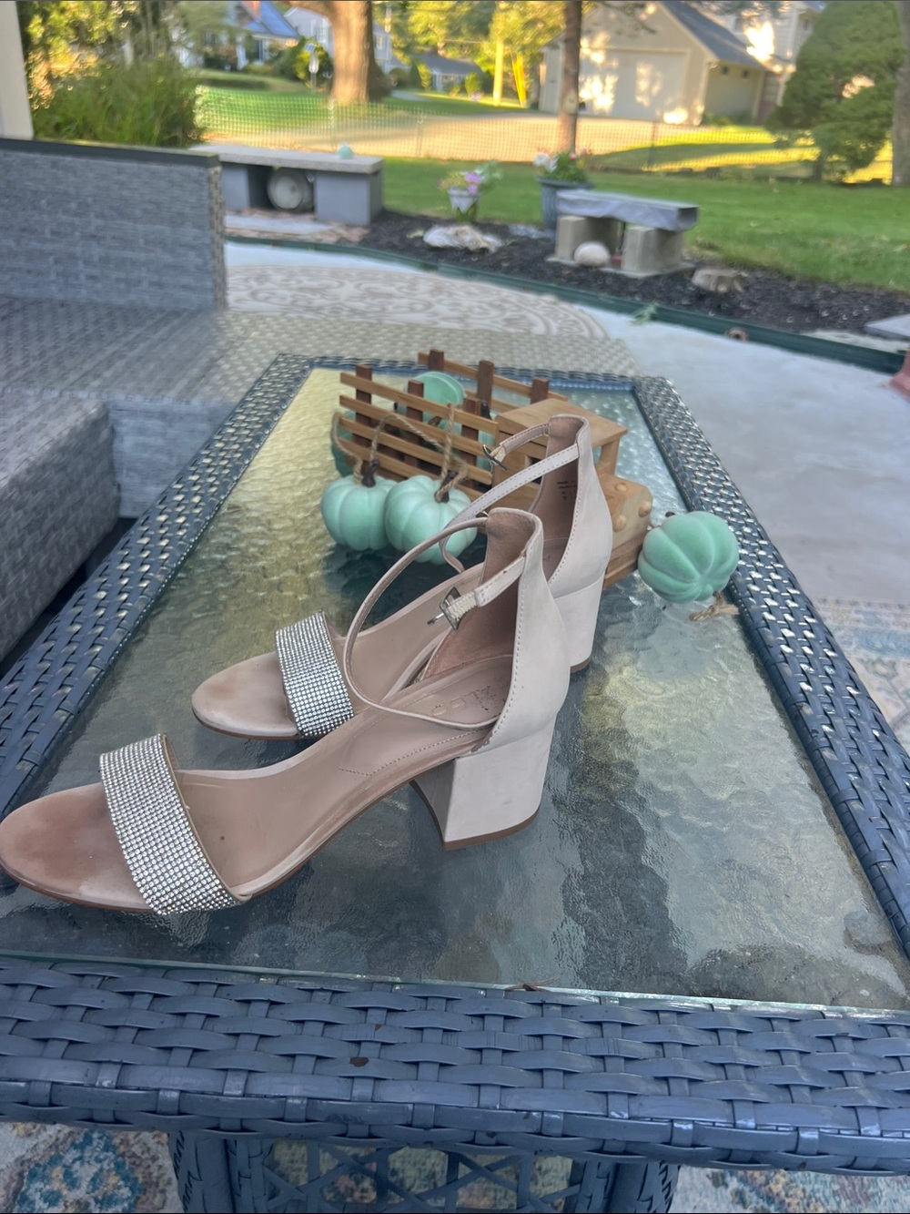 Aldo Nude Block Heels with Rhinestone Toe Strap